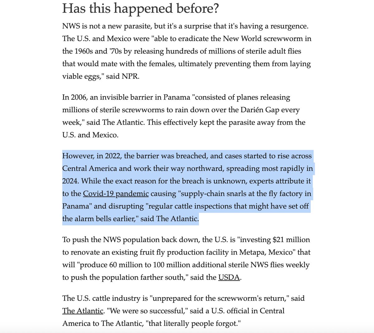 Oh so we eradicated a horrible parasite with a massive technopunk operation to engineer, breed, and transport hundreds of millions of sterile screwworms, but now we're getting it back because because someone fucked up the basic logistics