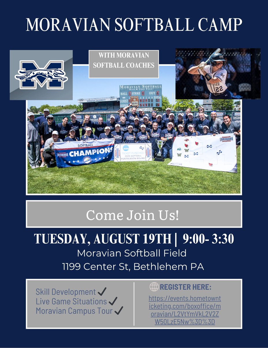Join us for an opportunity to enhance your softball skills and explore Moravian University's dynamic softball program!

The clinic will take place Tuesday, August 19th at Blue and Grey Softball field. 

Register now at:
moravian.hometownticketing.com/embed/event/197