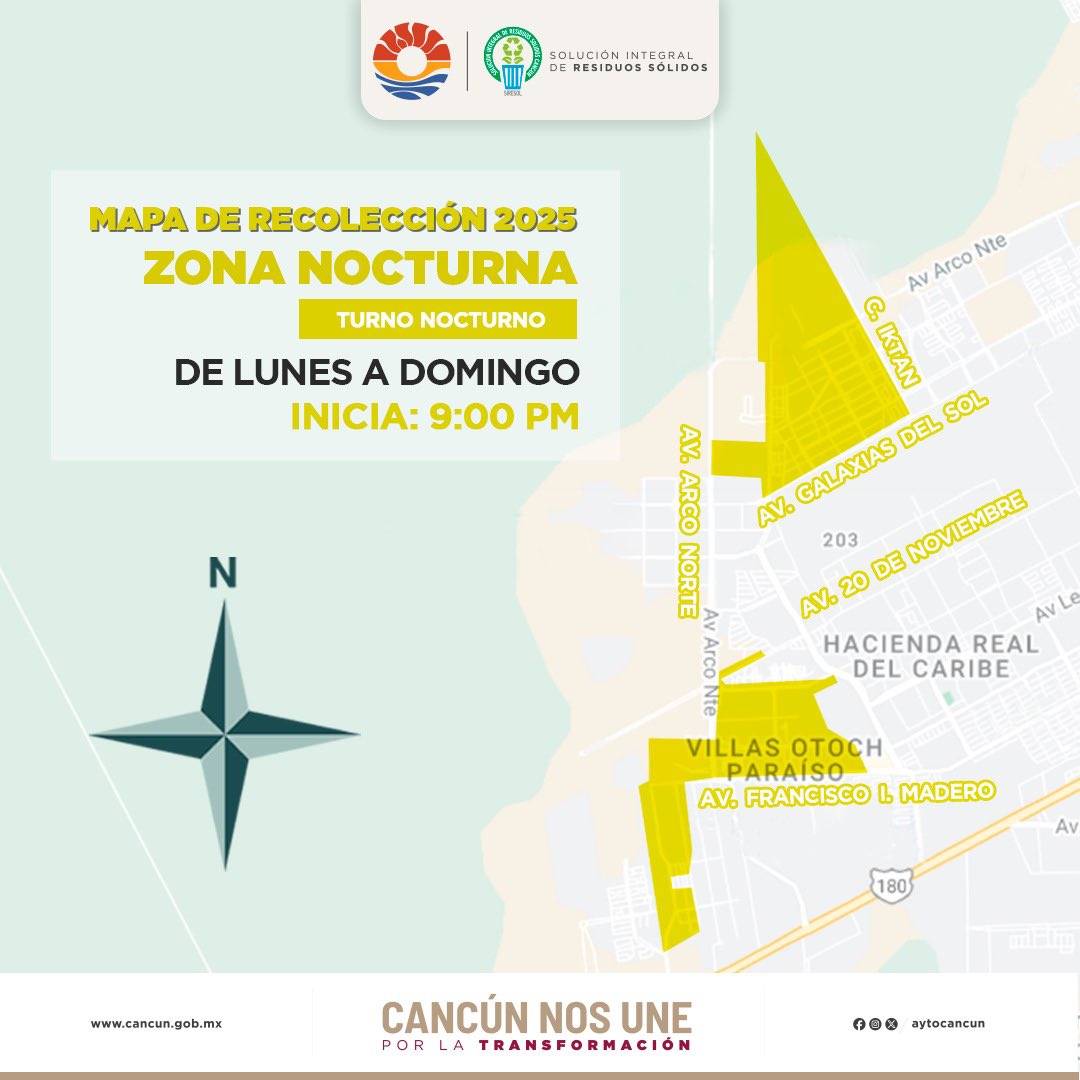 ♻️🚛 ¡Atención, cancunenses!
Les compartimos los días y horarios de recolección para este martes, para que puedan sacar sus residuos a tiempo y mantener nuestra ciudad limpia. 🙌✨

🔴 Zona 1
🕑 Inicia a partir de las 2:00 PM 

🟡 Zona nocturna
🌙 Inicia a partir de las 9:00 PM