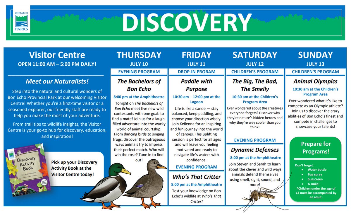 Discover what's happening this week in Bon Echo (July 10-13)! 🦆

There is something fun for everyone!

Check out our park events page for a full list of park activities: ontarioparks.ca/park/bonecho/e…