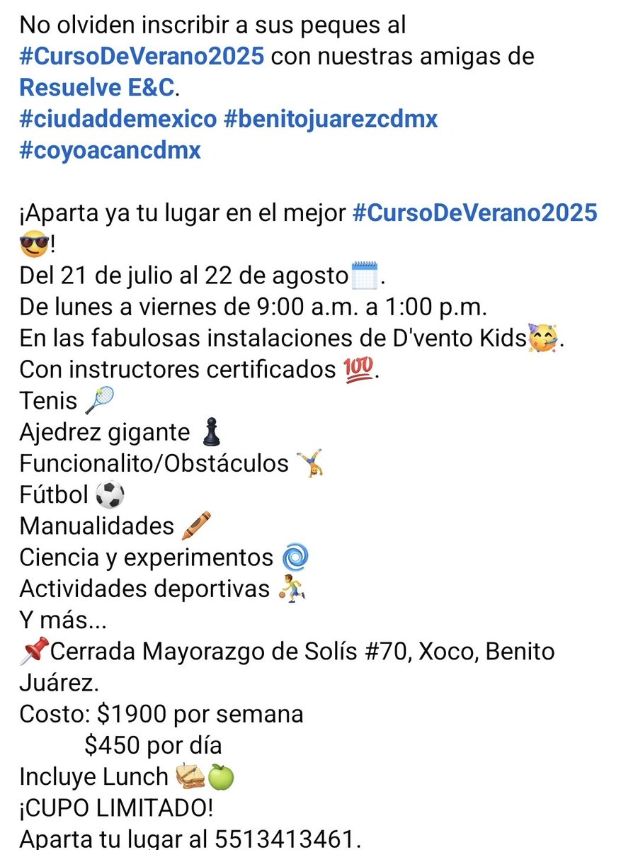 TradCervantes's tweet photo. No olviden inscribir a sus peques al #CursoDeVerano2025 con nuestras amigas de Resuelve E&amp;C.
¡Aparta ya tu lugar!
Del 21 de julio al 22 de agosto🗓.
De lunes a viernes de 9:00 a.m. a 1:00 p.m.
En las fabulosas instalaciones de D'vento Kids🥳.
Con instructores certificados 💯. https://t.co/wkFleMZxj3