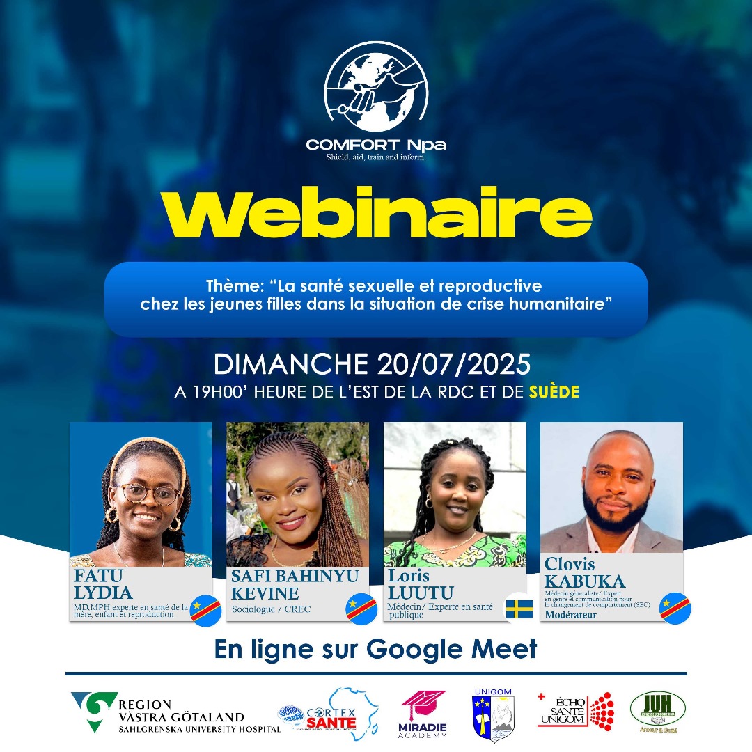 Comfort Asbl (@asblcomfor44668) on Twitter photo Dans le cadre de notre engagement pour le bien-être des communautés affectées par les crises humanitaires, <a href="/AsblComfor44668/">Comfort Asbl</a> vous invite à un webinaire spécial sur :
La santé sexuelle et reproductive chez les jeunes filles en situation de crise humanitaire
Ce 20/07/2025 a 19h00. Dans le cadre de notre engagement pour le bien-être des communautés affectées par les crises humanitaires, <a href="/AsblComfor44668/">Comfort Asbl</a> vous invite à un webinaire spécial sur :
La santé sexuelle et reproductive chez les jeunes filles en situation de crise humanitaire
Ce 20/07/2025 a 19h00.