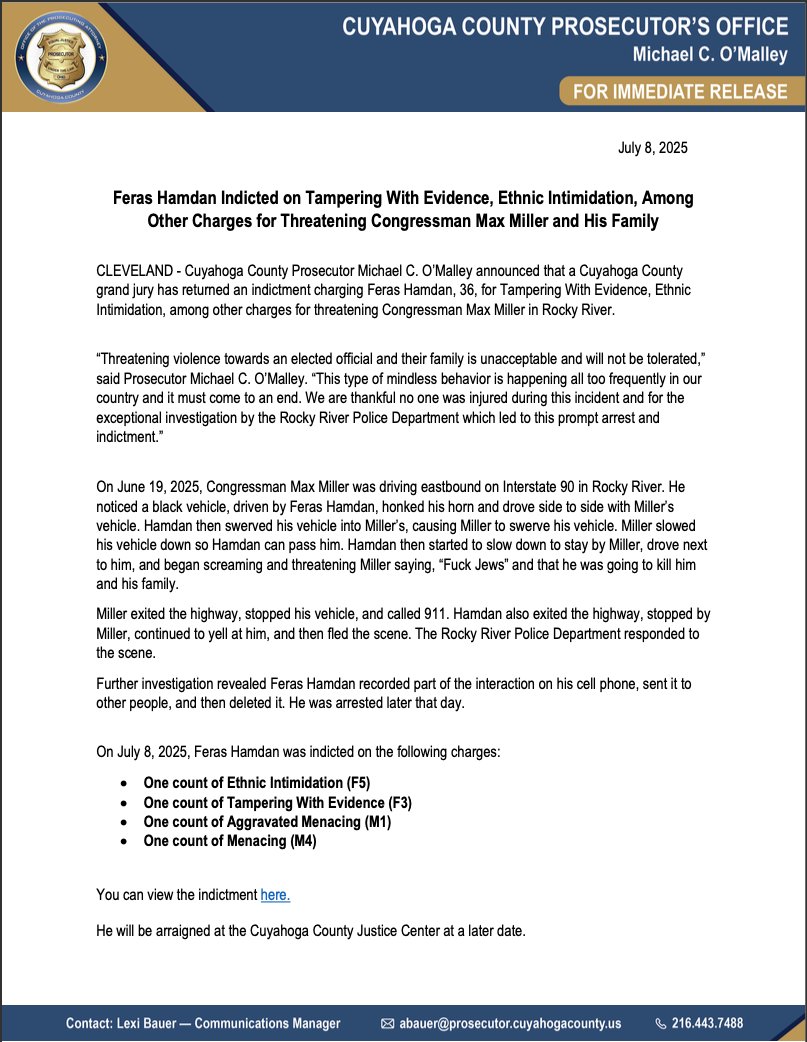 On June 19th, I was assaulted and my life and my family’s safety were threatened.

I want to express my sincere gratitude to the Rocky River, Lakewood, and Bay Village Police Departments, the U.S. Capitol Police, and the Cuyahoga County Prosecutor’s Office for their swift and