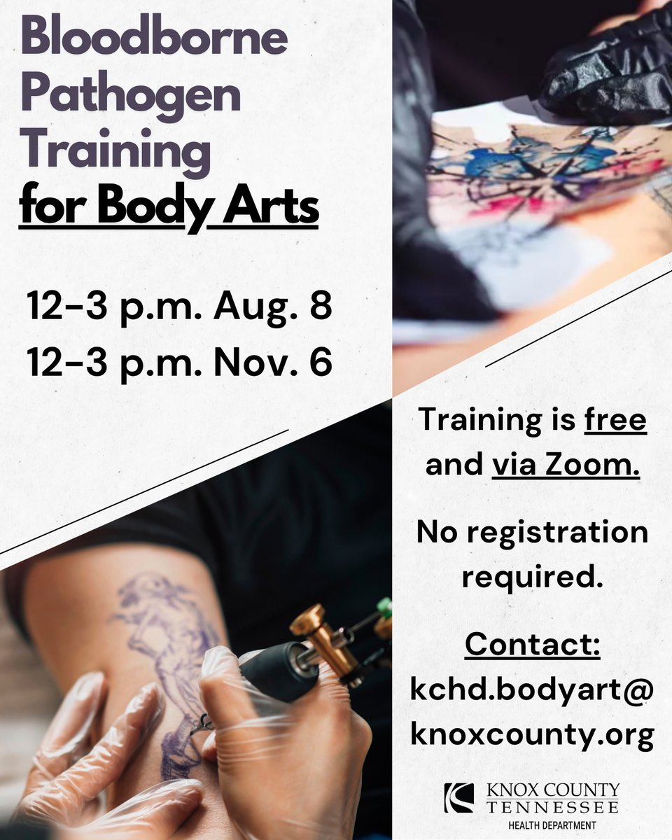 Attention body art studios, tattoo artists, piercing techs, and apprentices!

Our Environmental Health Division will present a Bloodborne Pathogen Training for Body Arts from 12-3 p.m. Aug. 8. The training is free and via Zoom.

Email kchd.bodyart@knoxcounty.org for the link!