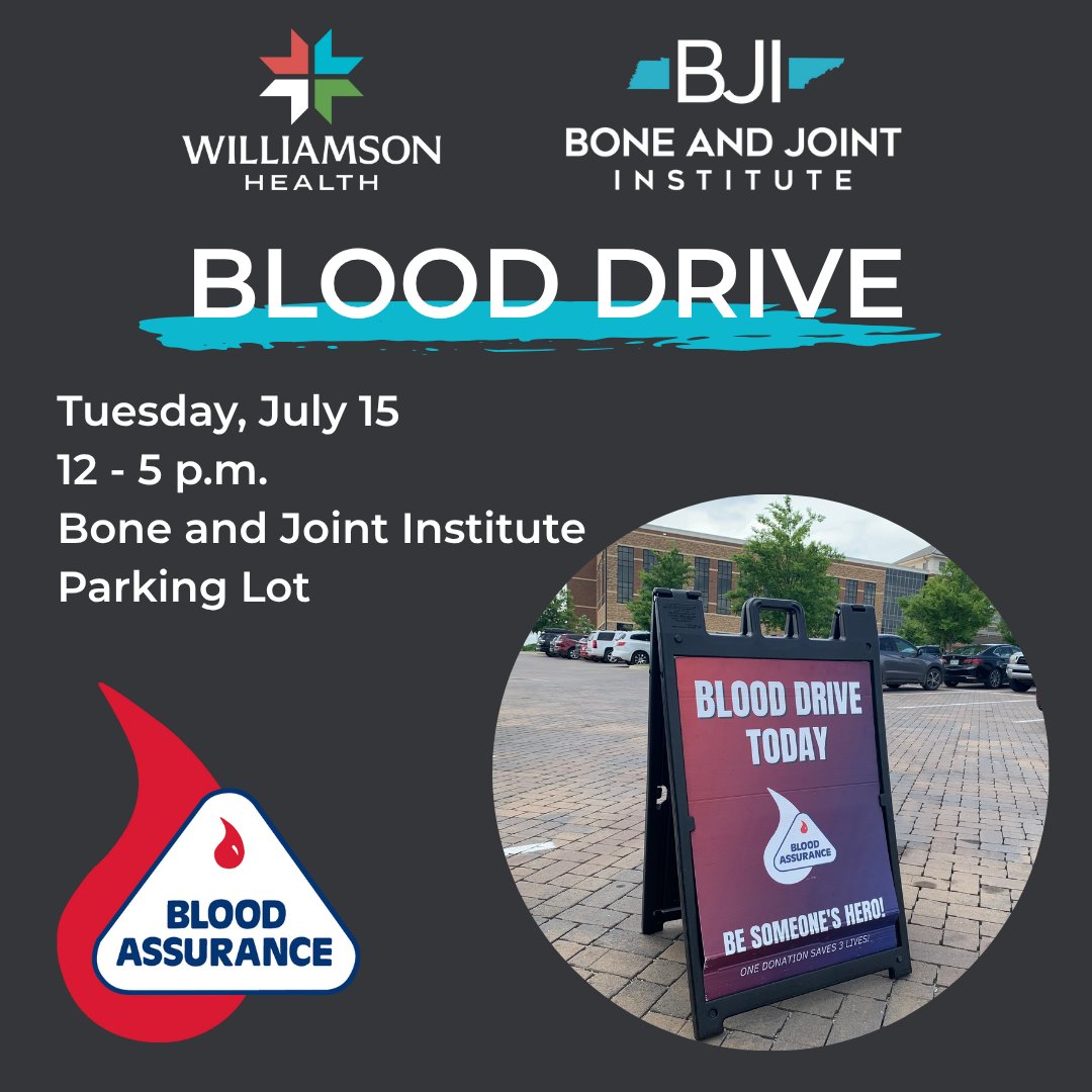 🩸 Give the gift of life!
We are teaming up with @williamson_hlth and @BloodAssurance to host a Blood Drive!
📅 Tuesday, July 15
🕐 12 - 5 p.m.
📍 Bone and Joint Institute of Tennessee
Every donation helps save lives! Walk-ins welcome.
bit.ly/42cjU18
#BoneAndJointTN