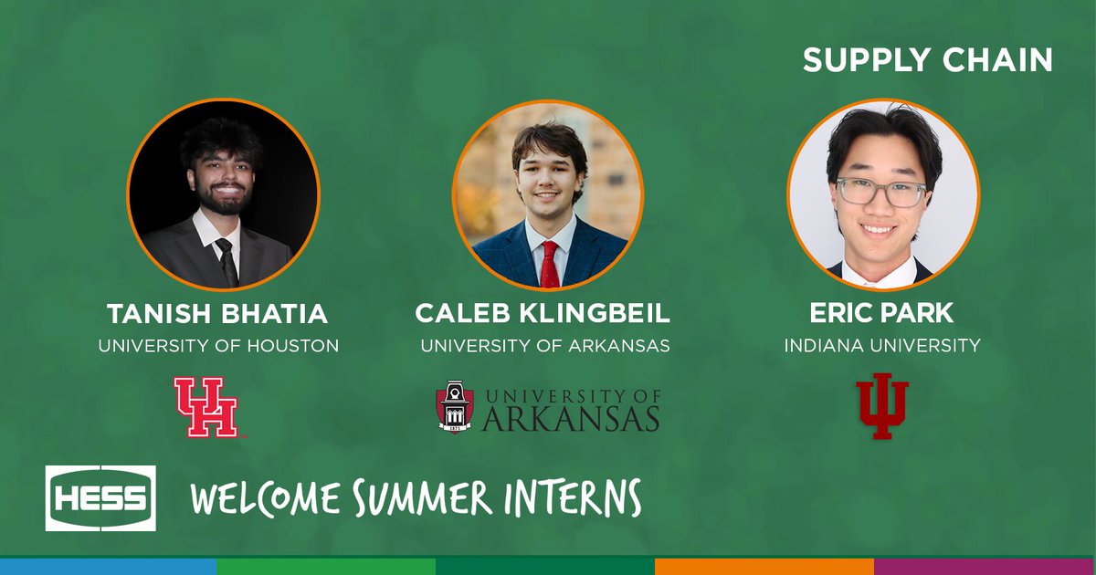 Hess Corporation (@hesscorporation) on Twitter photo This summer, our supply chain internship program welcomes three students who are putting their skills into action at Hess. Welcome Tanish Bhatia, <a href="/UHouston/">University of Houston</a>; Caleb Klingbeil, <a href="/UArkansas/">University of Arkansas</a>; and Eric Park, <a href="/IUBloomington/">IU Bloomington</a>. These interns are gaining hands-on experience across key areas This summer, our supply chain internship program welcomes three students who are putting their skills into action at Hess. Welcome Tanish Bhatia, <a href="/UHouston/">University of Houston</a>; Caleb Klingbeil, <a href="/UArkansas/">University of Arkansas</a>; and Eric Park, <a href="/IUBloomington/">IU Bloomington</a>. These interns are gaining hands-on experience across key areas