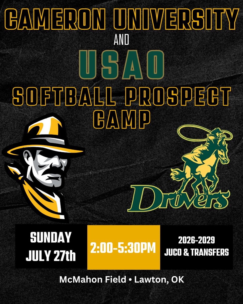 😎 New Camp Date Drop!
Cameron Softball 🤝 USAO Softball
Sunday July 27, 2025 
Get Registered Here —&gt; form.jotform.com/251819143925158