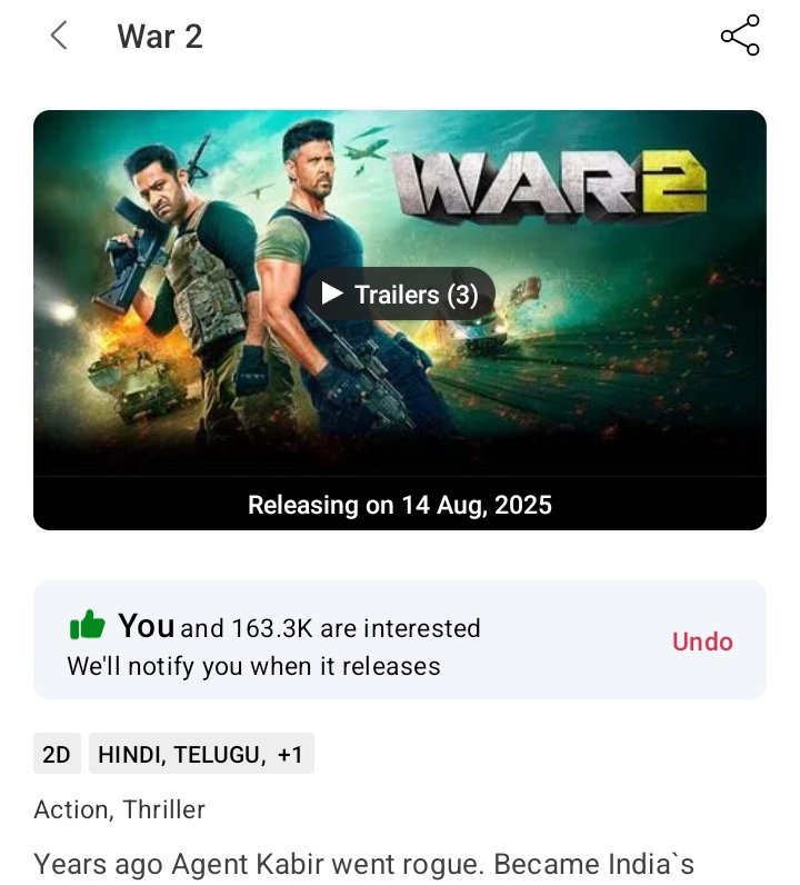 Book My Show  -  #War2  Interests
08 July - 163.3𝗞

1.1K increase in 24 hours 
#HrithikRoshan vs #JrNTR