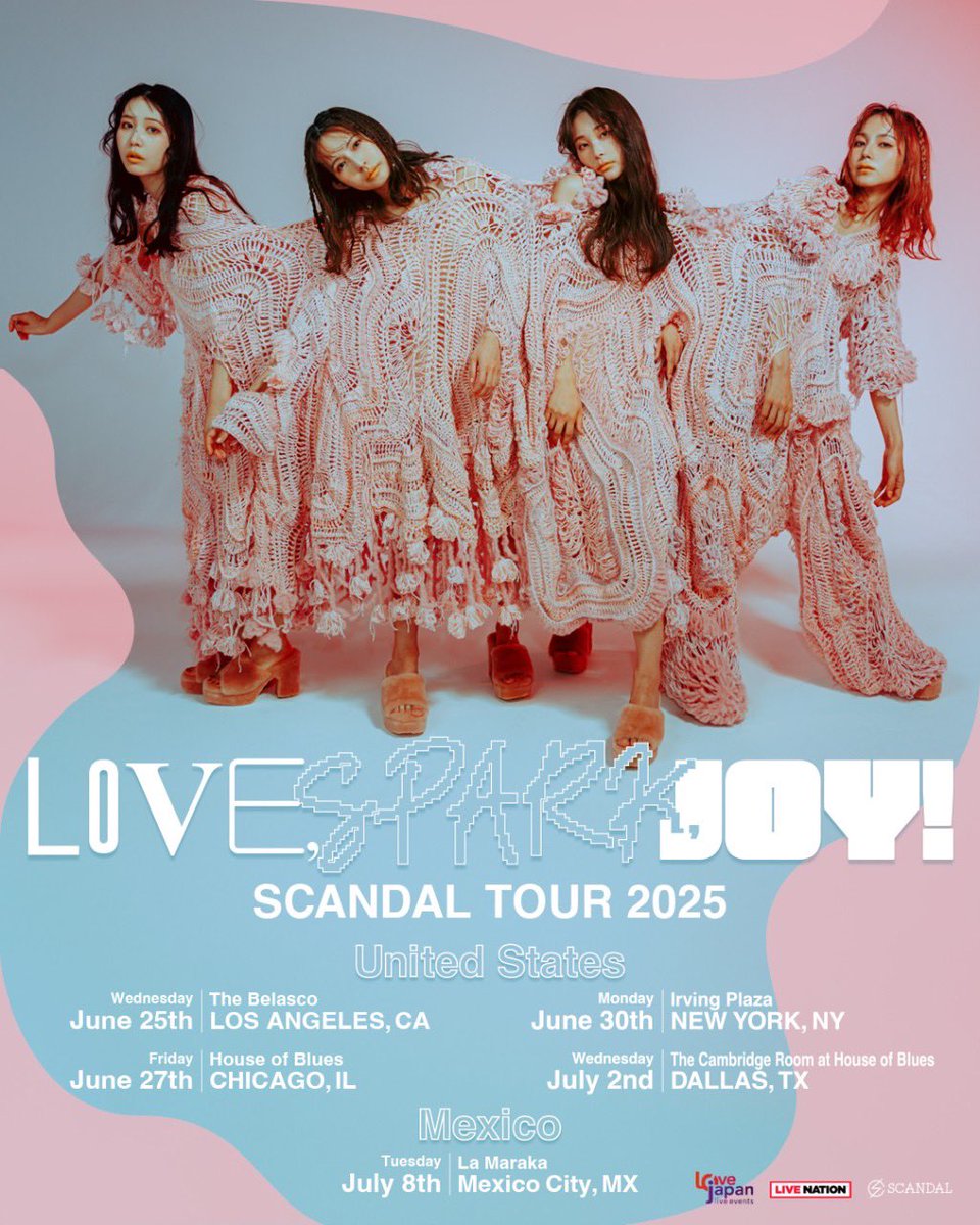 scandal_band's tweet image. Today’s SCANDAL Show
SCANDAL TOUR 2025 “LOVE, SPARK, JOY!” - North America
at La Maraka | Mexico City, MX
VIP EARLY ENTRY: 5:30 PM
MEET & GREET: 6 PM
DOORS: 7 PM
START: 8 PM
#SCANDAL_LOVE_SPARK_JOY