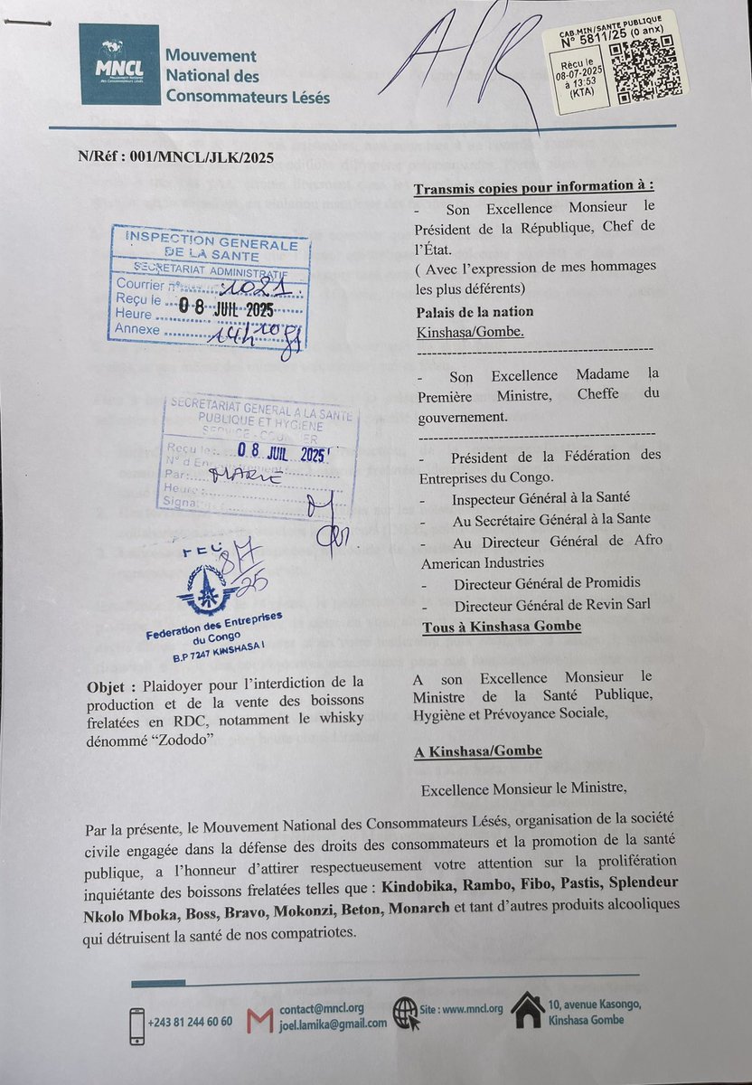 LamikaJoel's tweet photo. #RDC: Face à la prolifération alarmante des boissons frelatées telles que #Kindobika, #Rambo, #Fibo, #Pastis, #Splendeur, #NkoloMboka, #Boss, #Bravo, #Mokonzi, #Beton, #Monarch et autres produits alcooliques nuisibles, communément appelés “zododo” qui portent gravement atteinte à la santé des Congolais, le @MNCL_RDC , appelle à l’interdiction de leur #production et #vente en RDC. 

@MinSanteDRC @rogerkamba @Presidence_RDC @OMSRDCONGO @FECRDC 
Correspondance 👇