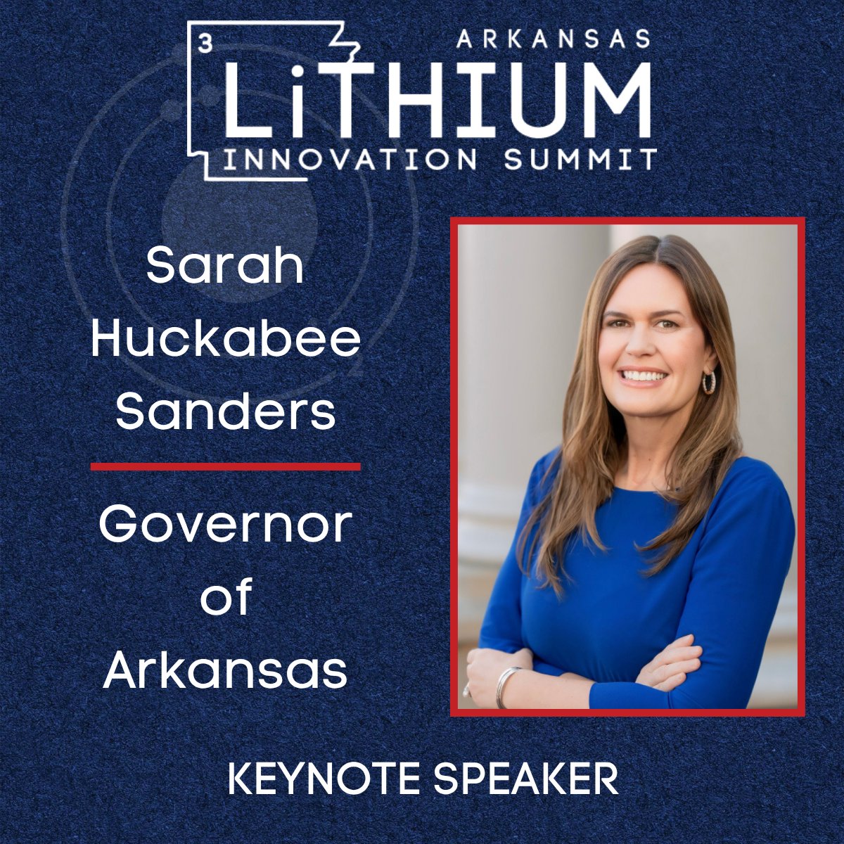 ARLithiumSummit's tweet image. 📣 Keynote Speaker Announcement 📣 

We are honored to announce Arkansas Governor Sarah Huckabee Sanders as a keynote speaker at the 2025 Arkansas Lithium Innovation Summit this October!

Register for the summit today at bit.ly/ALIS2025.

#ALIS2025