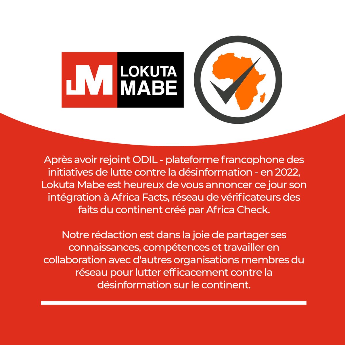 lokutaMABE's tweet image. Après avoir rejoint ODIL - plateforme francophone des initiatives de lutte contre la désinformation - en 2022, Lokuta Mabe est heureux de vous annoncer ce jour son intégration à Africa Facts, réseau de vérificateurs des faits du continent créé par Africa Check.
Notre rédaction…