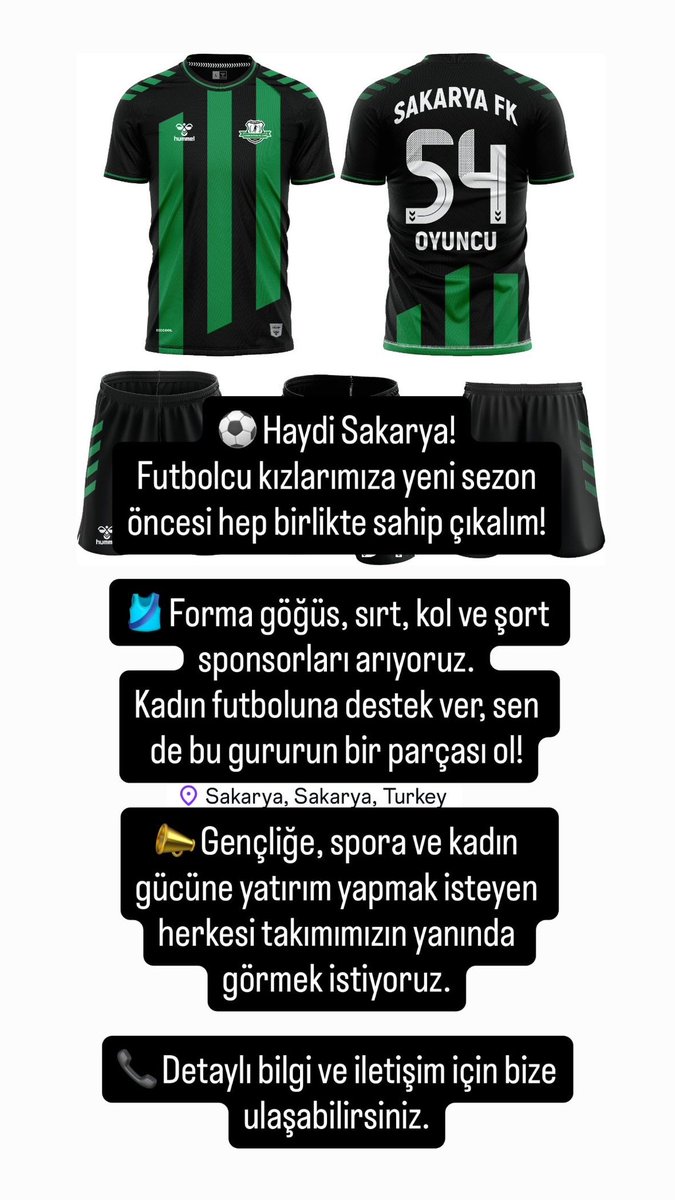 🎯 Haydi Sakarya!
Futbolcu kızlarımıza yeni sezon öncesi hep birlikte sahip çıkalım!

⚽ Forma göğüs, sırt, kol ve şort sponsorları arıyoruz.
Kadın futboluna destek ver, bu yolculukta sen de bizimle ol! 💪
<a href="/SakaryaValiligi/">T.C. Sakarya Valiliği</a> 
<a href="/SATSO54/">Sakarya Ticaret ve Sanayi Odası</a> 
<a href="/sakaryagiad/">SakaryaGiad</a> 
<a href="/ASKON/">ASKON 🇹🇷</a> 
<a href="/MUSIADSakarya/">MÜSİAD Sakarya</a>