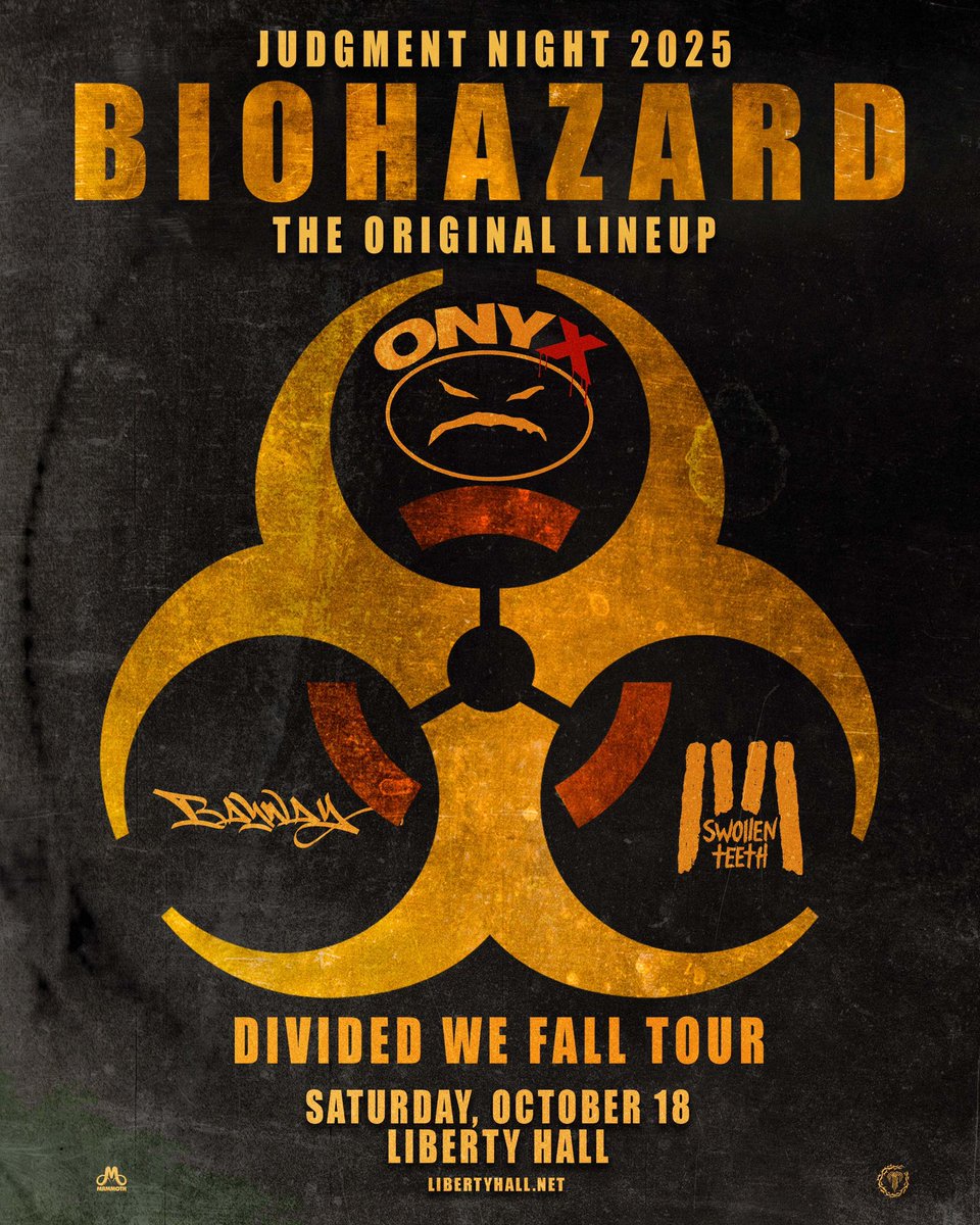 Just announced: The legendary Biohazard is coming to Lawrence, Kansas and bringing along Onyx, Bayway, and Swollen Teeth. October 18 at Liberty Hall. Tickets: bit.ly/biohazardsmm ☣️