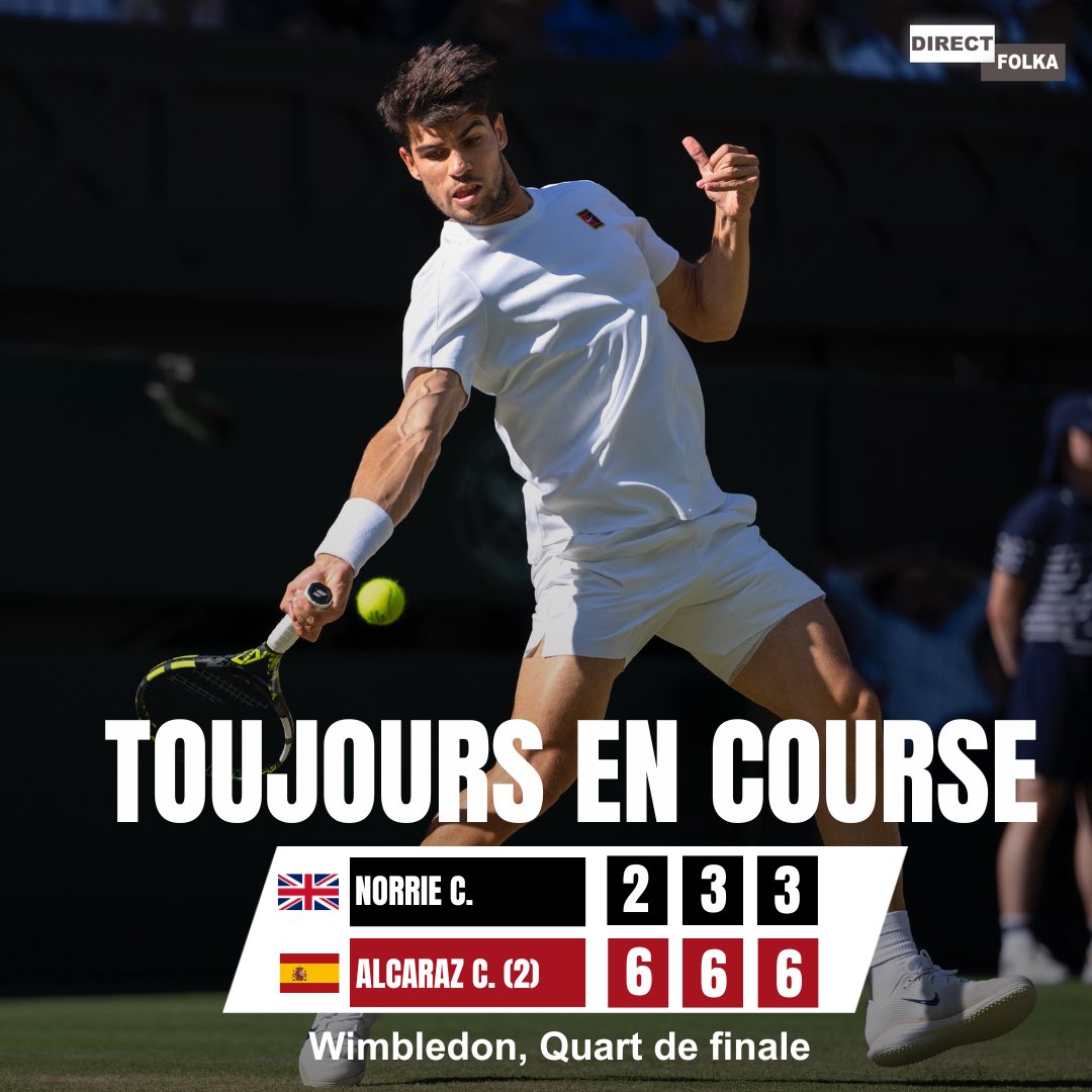 🚨Carlos Alcaraz élimine Cameron Norrie et se qualifie pour les demi-finales de Wimbledon ! 🇪🇸

L'Espagnol affrontera Taylor Fritz 
pour atteindre une troisième finale consécutive au Grand Chelem londonien.