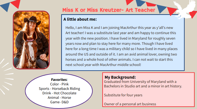Join us in welcoming our new art teacher to MacArthur Middle! We look forward to having you join our staff! #belonggrowsucceed #aacpsawesome #ourstory