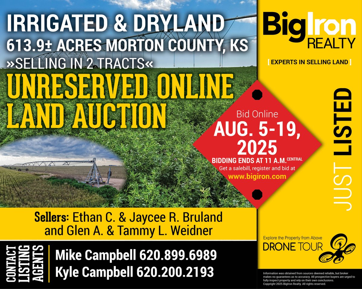 JUST LISTED! Selling on BigIron Realty's Unreserved Online Land Auction, on August 19, 2025, in 2 tracts are 613.9± acres of irrigated and dryland ground in Morton County, Kansas. For more information, visit hubs.la/Q03wfblD0 #BigIronRealty #KansasLandForSale #LandForSale