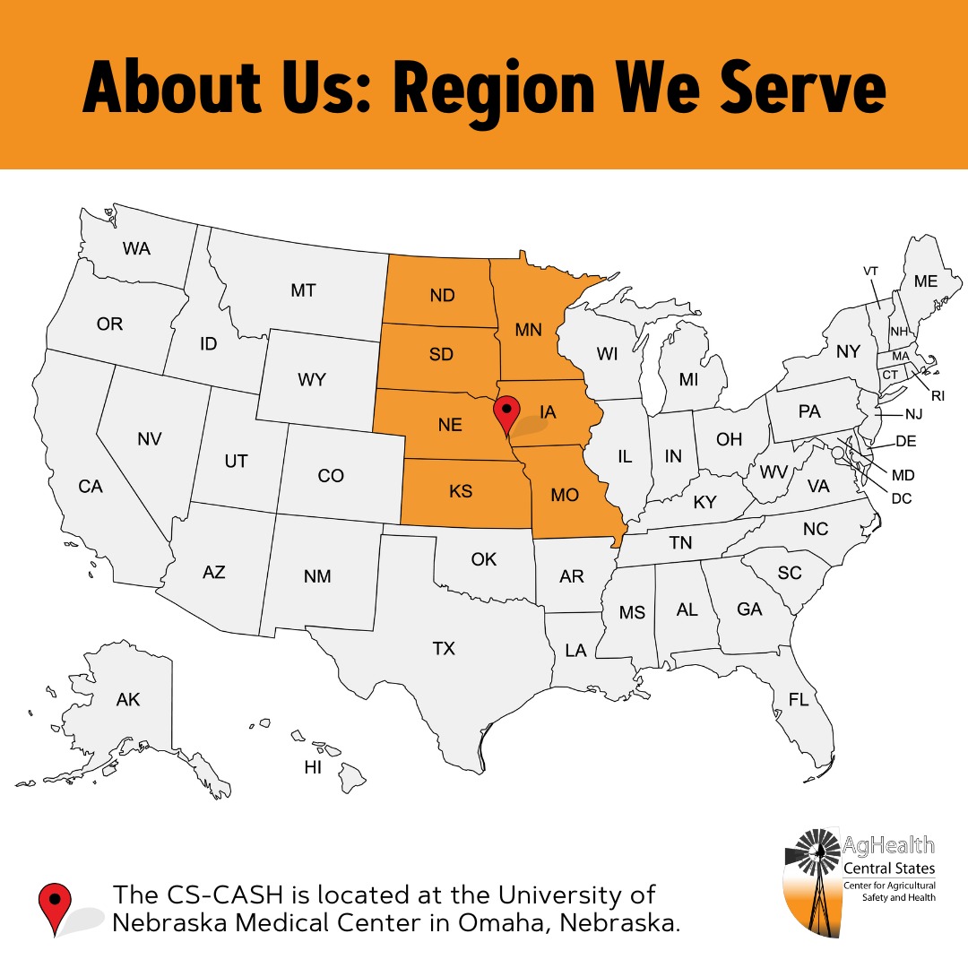 unmccscash's tweet image. Did you know? Our Center serves a 7-state region, including Kansas, Missouri, Nebraska, Iowa, South Dakota, North Dakota, and Minnesota. 🔗 Visit go.unmc.edu/cs-cash to learn more about what we do! #FarmSafety #AgSafety #CultivateSafety