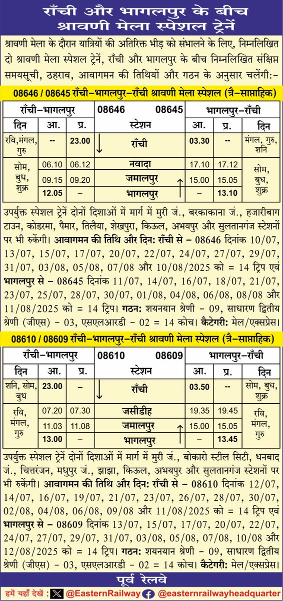 राँची और भागलपुर के बीच श्रावणी मेला स्पेशल ट्रेनें