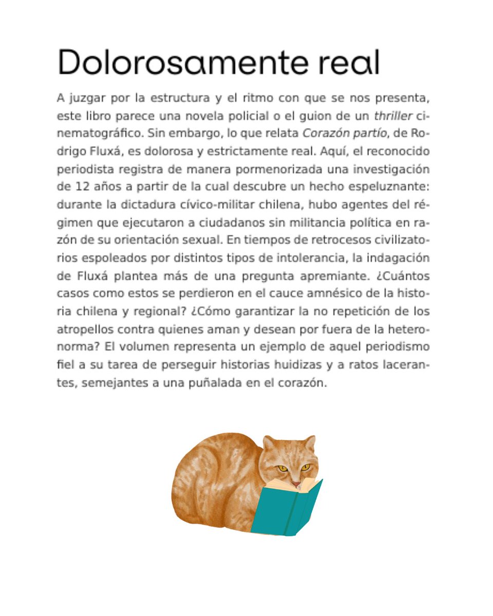 Nicolás Lazo Jerez (@nlazojerez) on Twitter photo Lo que escribí sobre «Corazón partío» para la <a href="/RevistaUniv_UC/">Revista Universitaria UC</a>.
Autor: Fluxá, Rodrigo
Editorial: <a href="/Catalonialibros/">Editorial Catalonia📚</a>
Año: 2024 Lo que escribí sobre «Corazón partío» para la <a href="/RevistaUniv_UC/">Revista Universitaria UC</a>.
Autor: Fluxá, Rodrigo
Editorial: <a href="/Catalonialibros/">Editorial Catalonia📚</a>
Año: 2024