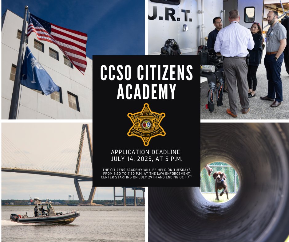 ChasCoSheriff's tweet image. The CCSO Citizens Academy highlights the different functions of our agency as participants gain a better understanding of what we do to protect and serve the people of Charleston County.
To apply, fill out the online application at the link below.
sheriff.charlestoncounty.org/citizens-acade…