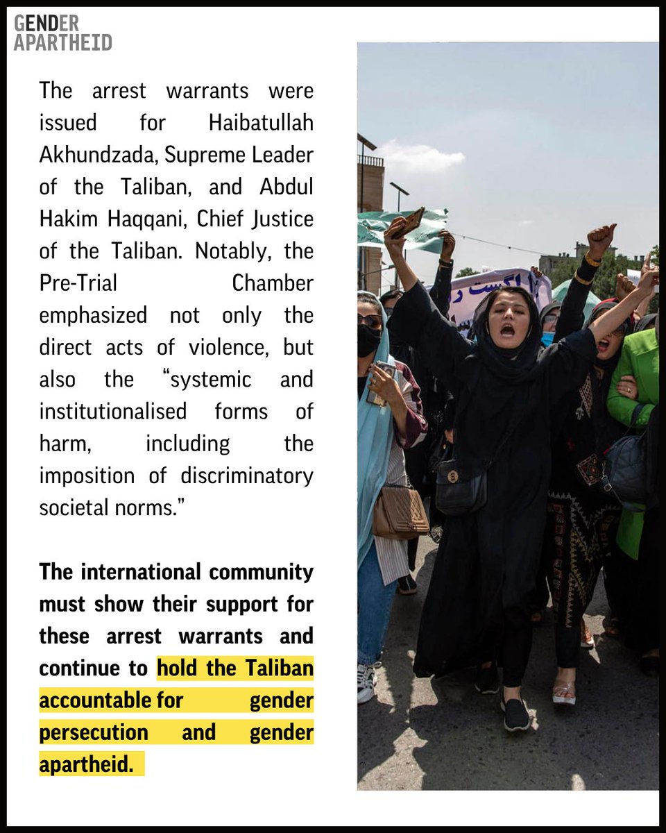 EGACampaign's tweet image. The End Gender Apartheid Campaign welcomes the ICC's issuance of arrest warrants for two leaders of the Taliban for the crime against humanity of persecution.
Read our statement below👇
#EndGenderApartheid