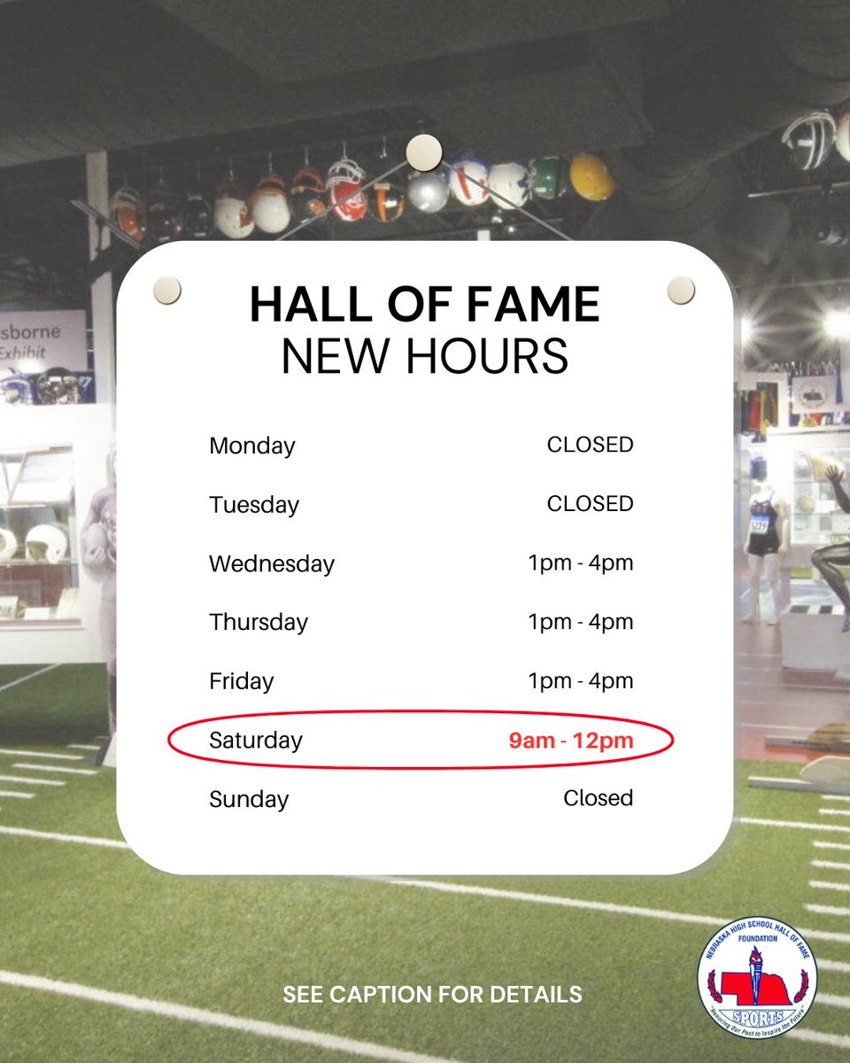 NebHallOfFame's tweet image. Sticking with our W-F 1-4pm hours, we are proud to announce that we will be open from 9-12pm on Saturdays! Check us out before Husker games this fall or just a simple weekend coming up this summer! Can't wait to see more of our fellow Nebraska sports fans🏈