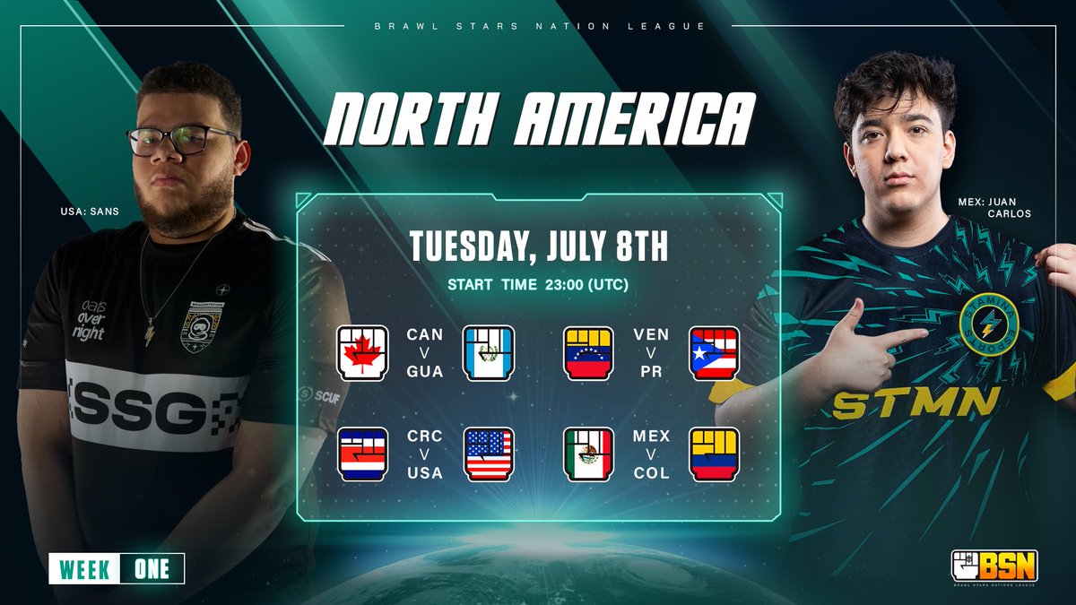 BSN: Brawl Stars Nations League (@brawlpseries) on Twitter photo #BSN • ¡MATCH DAY!
NA - WEEK 1
⏰ 17:00 h 🇲🇽 (GMT-6)
Match 1
🇨🇦 <a href="/CanadaBrawl/">CanadaBrawlStars</a>
🆚
🇬🇹 <a href="/guatemala_bs/">Selección Guatemala</a>
Match 2
🇻🇪 <a href="/Selec_VeBS1/">Selección 🇻🇪</a>
🆚
🇵🇷 <a href="/seleccionprbs/">Seleccion de Puerto Rico Brawl Stars</a>
Match 3
🇨🇷 <a href="/CRC_BrawlStars/">Costa Rica Brawl Stars</a>
🆚
🇺🇸 <a href="/USAbrawlstars/">USA Brawl Stars</a>
Match 4
🇲🇽 <a href="/SeleccionBSMx/">Selección Mexicana BS</a>
🆚
🇨🇴 <a href="/SelColEsportsBs/">Sel Col Brawl Stars</a>
Broadcast channel ⬇️ #BSN • ¡MATCH DAY!
NA - WEEK 1
⏰ 17:00 h 🇲🇽 (GMT-6)
Match 1
🇨🇦 <a href="/CanadaBrawl/">CanadaBrawlStars</a>
🆚
🇬🇹 <a href="/guatemala_bs/">Selección Guatemala</a>
Match 2
🇻🇪 <a href="/Selec_VeBS1/">Selección 🇻🇪</a>
🆚
🇵🇷 <a href="/seleccionprbs/">Seleccion de Puerto Rico Brawl Stars</a>
Match 3
🇨🇷 <a href="/CRC_BrawlStars/">Costa Rica Brawl Stars</a>
🆚
🇺🇸 <a href="/USAbrawlstars/">USA Brawl Stars</a>
Match 4
🇲🇽 <a href="/SeleccionBSMx/">Selección Mexicana BS</a>
🆚
🇨🇴 <a href="/SelColEsportsBs/">Sel Col Brawl Stars</a>
Broadcast channel ⬇️