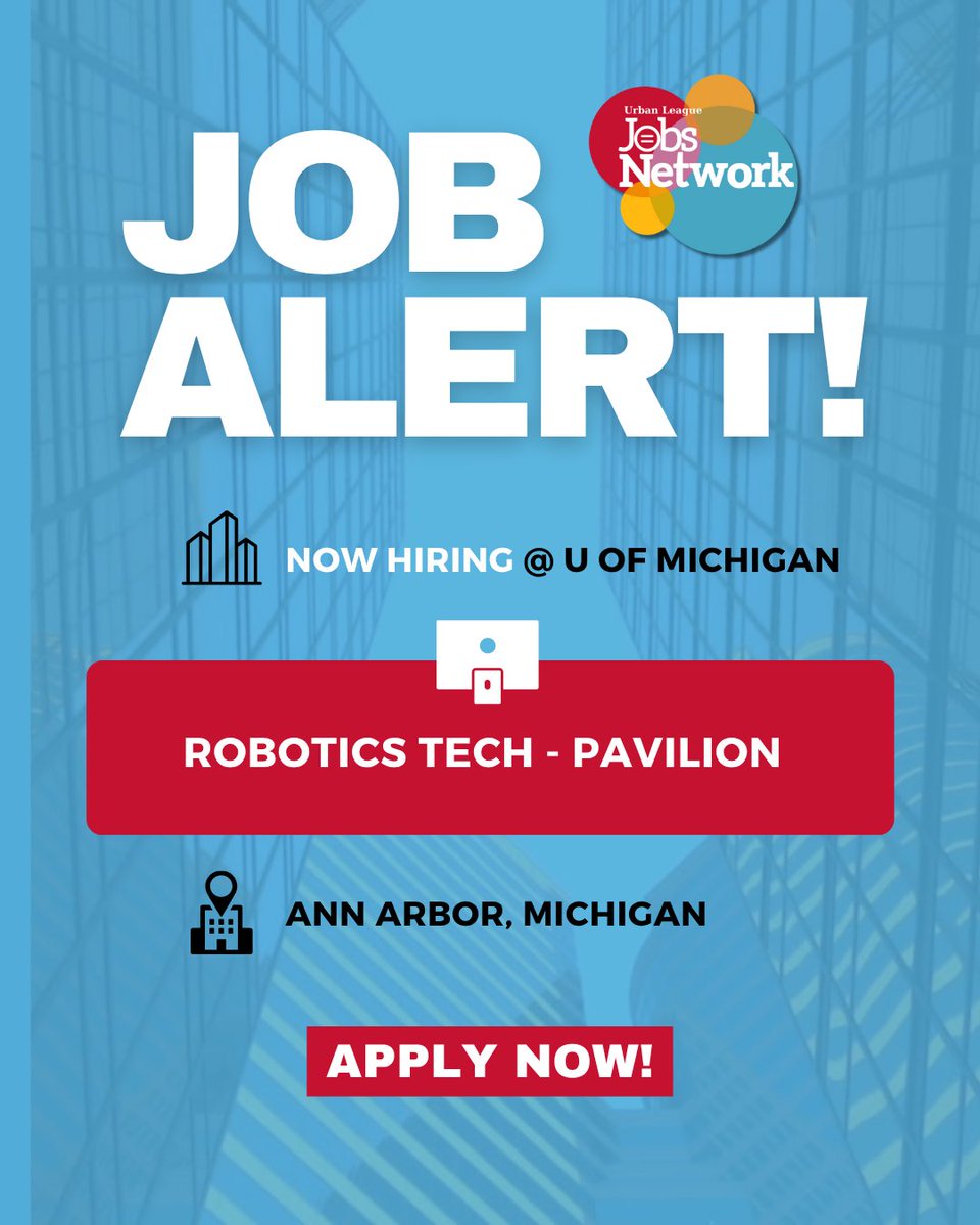 Urban League Jobs Network (@uljobsnetwork) on Twitter photo #NowHiring: Robotics Tech - Pavilion
Check out this new opportunity with <a href="/UofMichigan/">U of Michigan</a>
#ApplyNow: nuljobsnetwork.com/job/robotics-tā¦
#CareerOpportunities #hiringnow #jobs #jobopening #NULJobs #NowHiring: Robotics Tech - Pavilion
Check out this new opportunity with <a href="/UofMichigan/">U of Michigan</a>
#ApplyNow: nuljobsnetwork.com/job/robotics-tā¦
#CareerOpportunities #hiringnow #jobs #jobopening #NULJobs