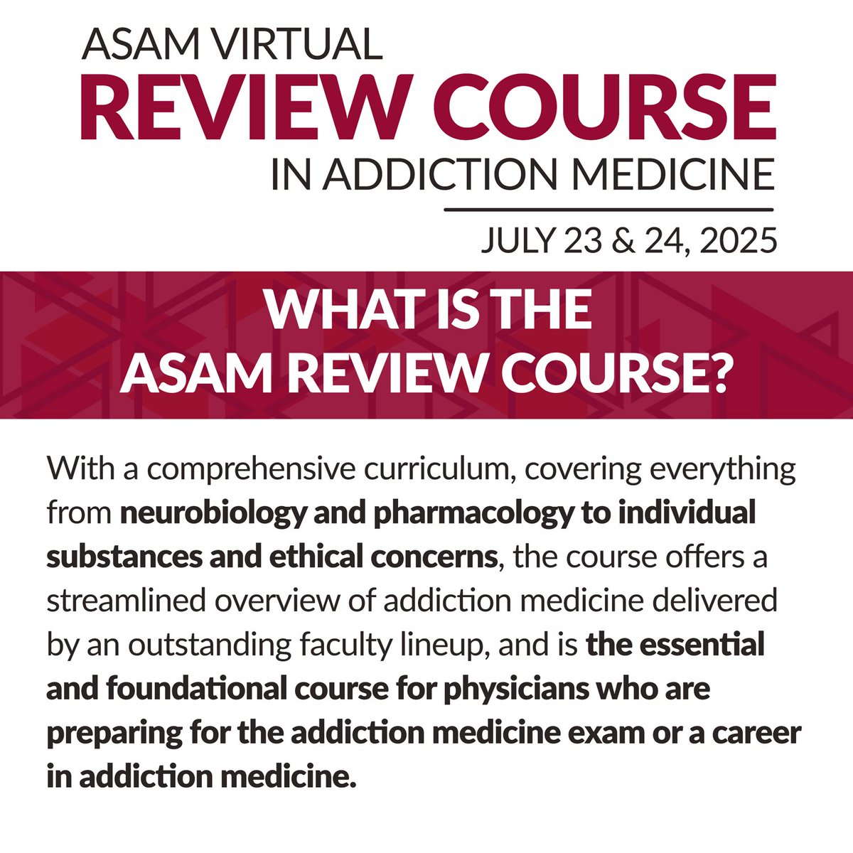 ASAMorg's tweet image. Only two weeks left until this year's ASAM Virtual Review Course! 💻
Learn more and register now >> ow.ly/O2Kz50WlP5X
#ASAM #ReviewCourse #AddictionMedicine #AddictionTreatment