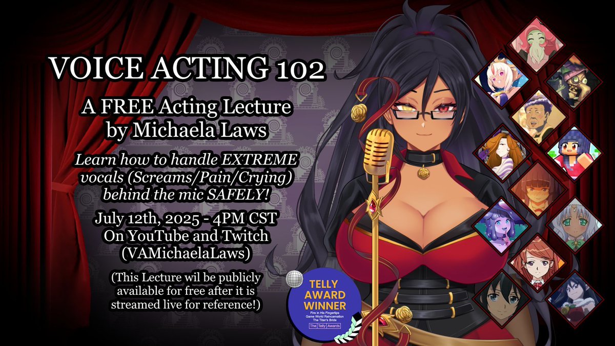 ATTENTION VOICE ACTORS!
My Voice Acting 102 lecture, focused on the extremes of vocalization (screaming, crying, and pain) will be held live and for FREE on YouTube and Twitch July 12th at 4PM CST!

Hope to see you there taking notes!

#VoiceOver #VoiceActing