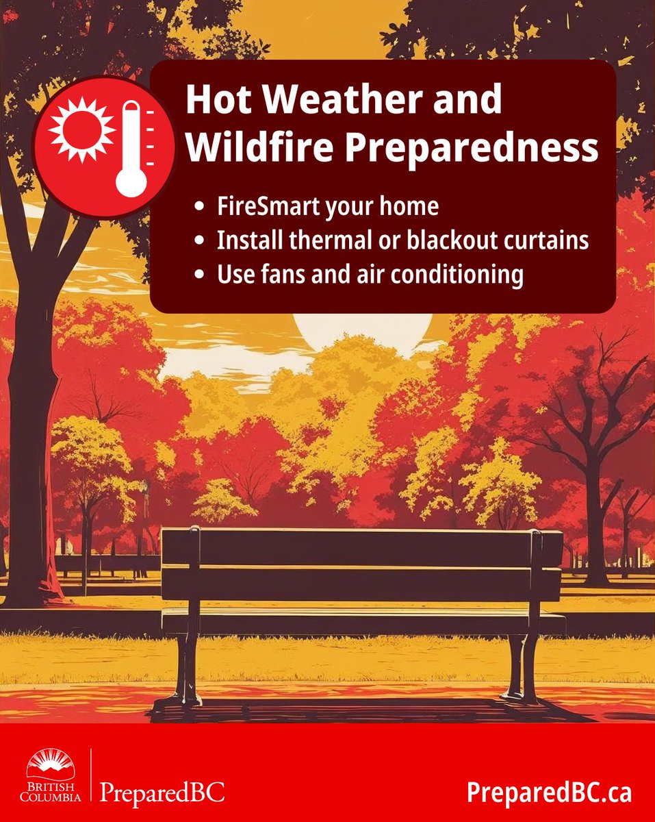 PreparedBC's tweet image. As temps rise, so do the risks of extreme heat & wildfires ☀️
Now’s the time to prepare!
FireSmart your home: @FireSmartBC
Keep your home cool:
Install thermal or blackout curtains ✅
Consider purchasing a fan & a window A/C ✅
More tips: PreparedBC.ca/ExtremeHeat