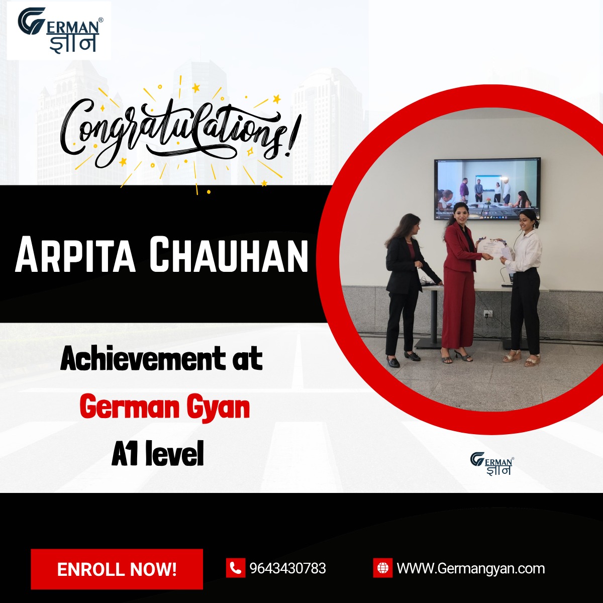 Germangyan04's tweet image. Herzlichen Glückwunsch, Arpita Chauhan! 🌟
Your dedication and hard work have paid off – you&apos;ve successfully completed the A1 Level at German Gyan! 🚀

#GermanGyan #A1Level #GermanLanguageSuccess #Congratulations #LearnGerman #GermanClassesIndia #GermanCertificate