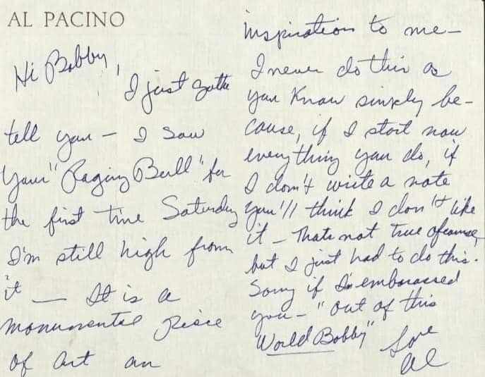 thefilmspoint's tweet image. After watching Raging Bull (1980), Al Pacino wrote Robert De Niro this note.