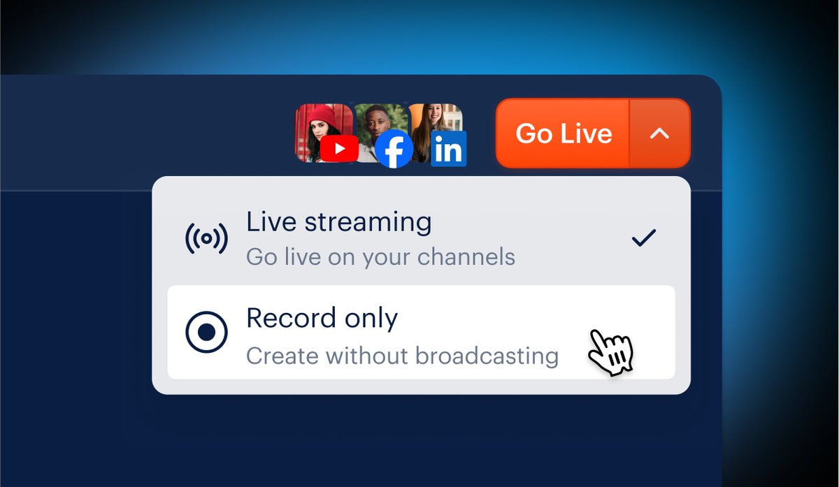 Restreamio's tweet image. You can now record any Studio draft — without going live. Yes, even with guests!
Simply click the dropdown next to “Go Live” and choose “Record only.”
This is a super-useful feature for:
• Recording interviews or podcasts to edit later
• Running internal calls with…