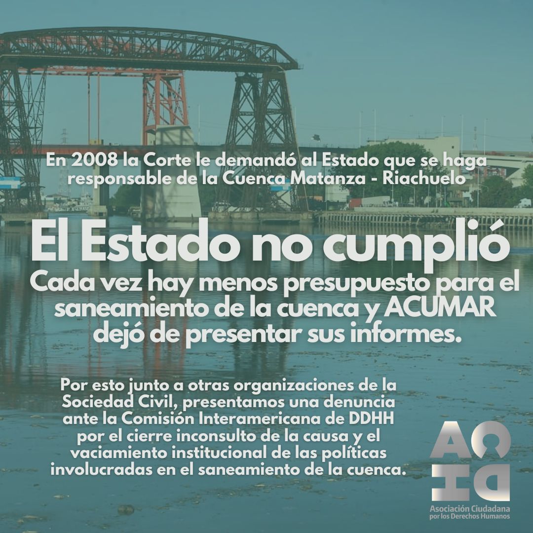 17 años del Fallo Mendoza ⚖️ Nada que festejar.

La cuenca Matanza - Riachuelo sigue sin respuestas y el año pasado la CSJN archivó la causa.
👉Denunciamos el cierre inconsulto y el vaciamiento institucional ante la <a href="/CIDH/">CIDH - IACHR</a> 
👉acdh.org.ar/ambiente-y-bue…