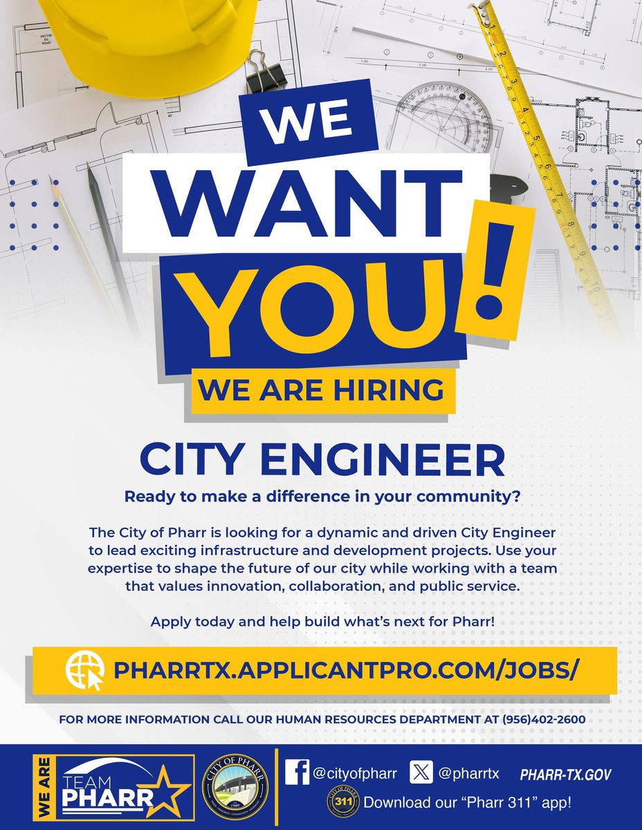 City of Pharr (@pharrtx) on Twitter photo 🚧 WE'RE HIRING – CITY ENGINEER 👷♂️
The City of Pharr is searching for a dynamic City Engineer to lead innovative infrastructure and development projects that shape our city's future. 🏗️
🔗 Apply now at pharrtx.applicantpro.com/jobs/
📞 For more info, call (956) 402-2600 🚧 WE'RE HIRING – CITY ENGINEER 👷♂️
The City of Pharr is searching for a dynamic City Engineer to lead innovative infrastructure and development projects that shape our city's future. 🏗️
🔗 Apply now at pharrtx.applicantpro.com/jobs/
📞 For more info, call (956) 402-2600
