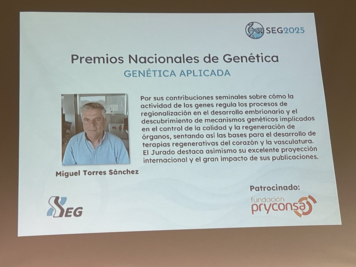 LluisMontoliu's tweet image. El Premio Nacional de Genética en la modalidad de genética #aplicada de la @segenetica se otorga a Miguel Torres investigador principal del @CNIC_CARDIO y referente internacional en genética del desarrollo y en las bases genéticas de la organogénesis y la regeneración.