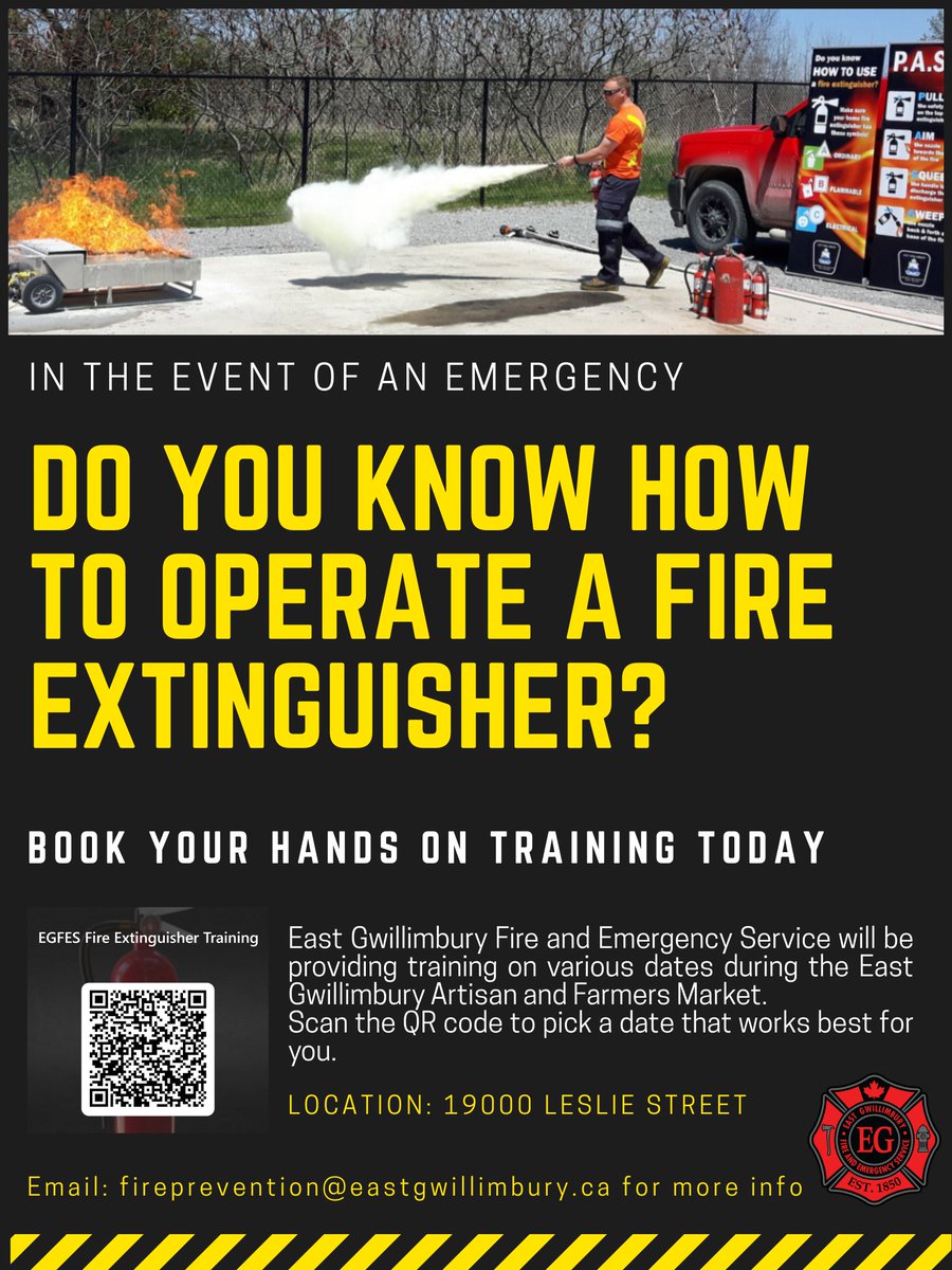 Sign up today!!!! 
We will be offering FREE fire extinguisher training while we visit #EG Artisan and Farmers Market.
Use the QR code below to register.