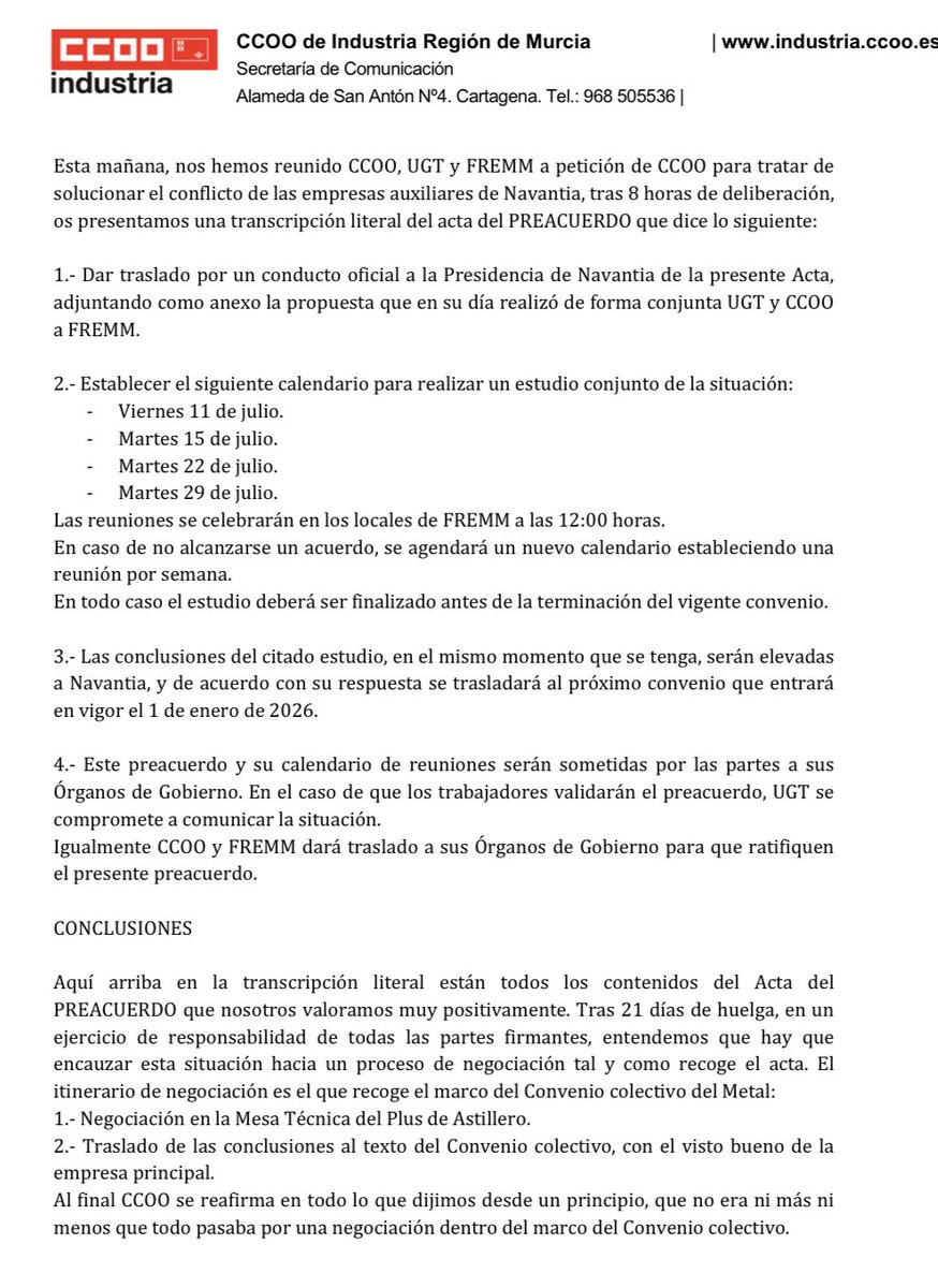 CCOOINDUSTRIARM's tweet image. #Preacuerdo entre @fremm_es @UGTMurcia y @CCOOINDUSTRIARM 
#CCOO
#Metal
#RegiondeMurcia