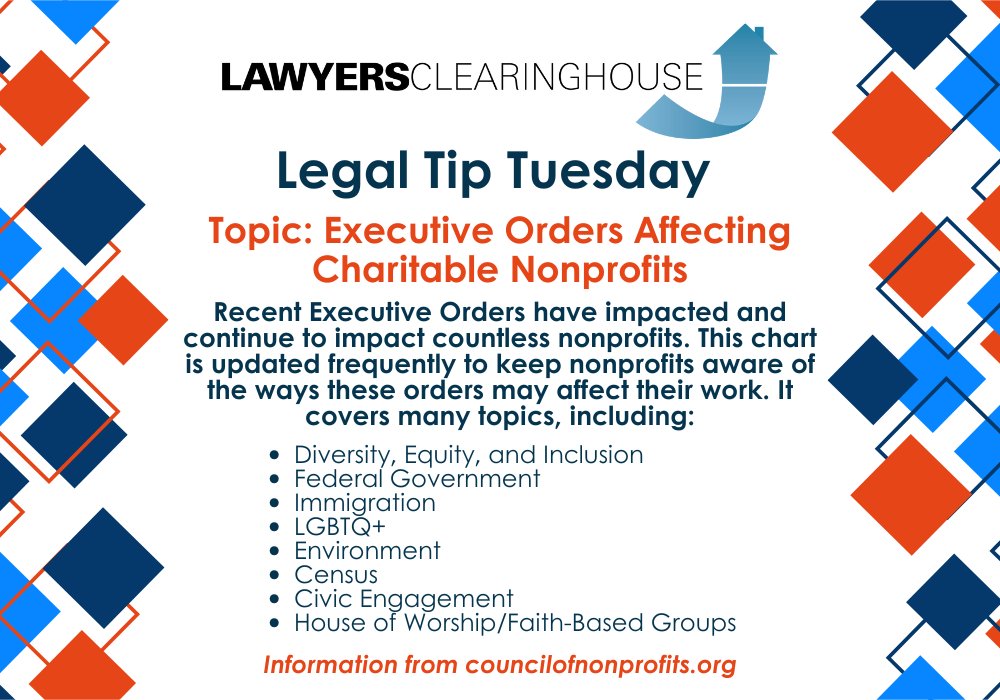 Lawyers Clearinghouse (@lcprobono) on Twitter photo It’s Legal Tip Tuesday! Want to better understand recent EOs that may impact your nonprofit? <a href="/NatlCouncilNPs/">National Council of Nonprofits</a> maintains an up-to-date chart outlining EOs, their implications, and the current legal status as they are are challenged in court. Check it out: councilofnonprofits.org/files/media/do… It’s Legal Tip Tuesday! Want to better understand recent EOs that may impact your nonprofit? <a href="/NatlCouncilNPs/">National Council of Nonprofits</a> maintains an up-to-date chart outlining EOs, their implications, and the current legal status as they are are challenged in court. Check it out: councilofnonprofits.org/files/media/do…