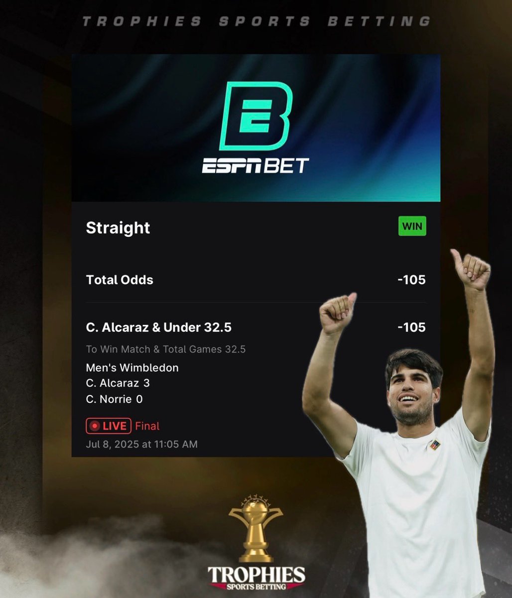 🆚 Spread (@mevsspread) on Twitter photo 💰 CARLOS ALCARAZ MASTERCLASS 💰
✅ 1u Alcaraz ML / u32.5 Games (-105)
Poor lil Norrie couldn’t keep up 😹😹😹
We keep cashing <a href="/TrophiesDiscord/">Trophies Sports Picks</a> 👾
Join ➡️ whop.com/checkout/plan_…
Code TENNIS at Checkout to Get 40% Off 🎟️
#GamblingX | #Wimbledon 💰 CARLOS ALCARAZ MASTERCLASS 💰
✅ 1u Alcaraz ML / u32.5 Games (-105)
Poor lil Norrie couldn’t keep up 😹😹😹
We keep cashing <a href="/TrophiesDiscord/">Trophies Sports Picks</a> 👾
Join ➡️ whop.com/checkout/plan_…
Code TENNIS at Checkout to Get 40% Off 🎟️
#GamblingX | #Wimbledon