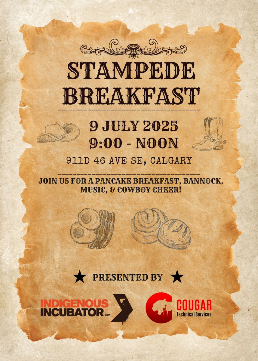 IndigenousIncu's tweet photo. Reminder! Our Stampede Pancake Breakfast is tomorrow! Bring your team, family &amp; appetite! 🎉 RSVP: https://t.co/12dE3QZFKV #Stampede2025 #BuyIndigenous #YYCEvents #PancakeBreakfast https://t.co/1kD8vmhokh