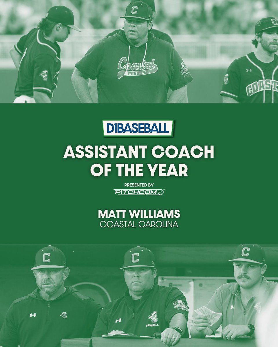 d1baseball's tweet photo. Coastal Carolina pitching coach Matt Williams is the 2025 D1Baseball Assistant Coach of the Year!

@CoastalBaseball x @PitchCom_Sports https://t.co/BMlXNckYiC