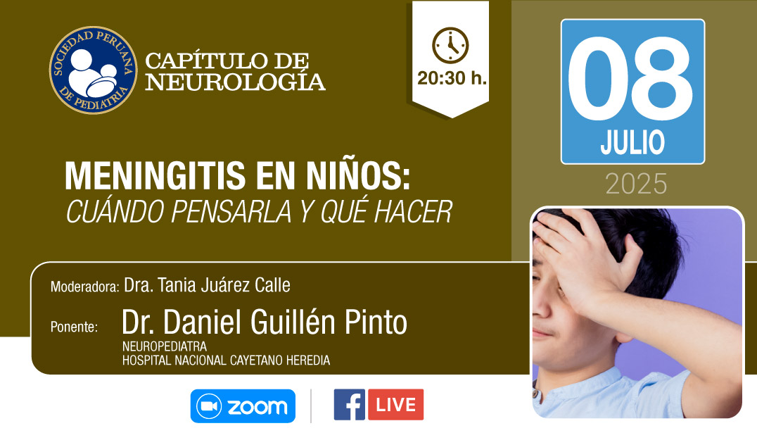 Registro ZOOM 👉🏽: tinyurl.com/ypxnm58x
Los Invitamos a participar de la Charla Virtual del
🔷CAPÍTULO DE NEUROLOGÍA🔷
MENINGITIS EN NIÑOS: CUÁNDO PENSARLA Y QUÉ HACER
🗓 08 de JULIO 2025
⌚️ 20:00 horas
#sociedadperuanadepediatria #neurologia #meningitis