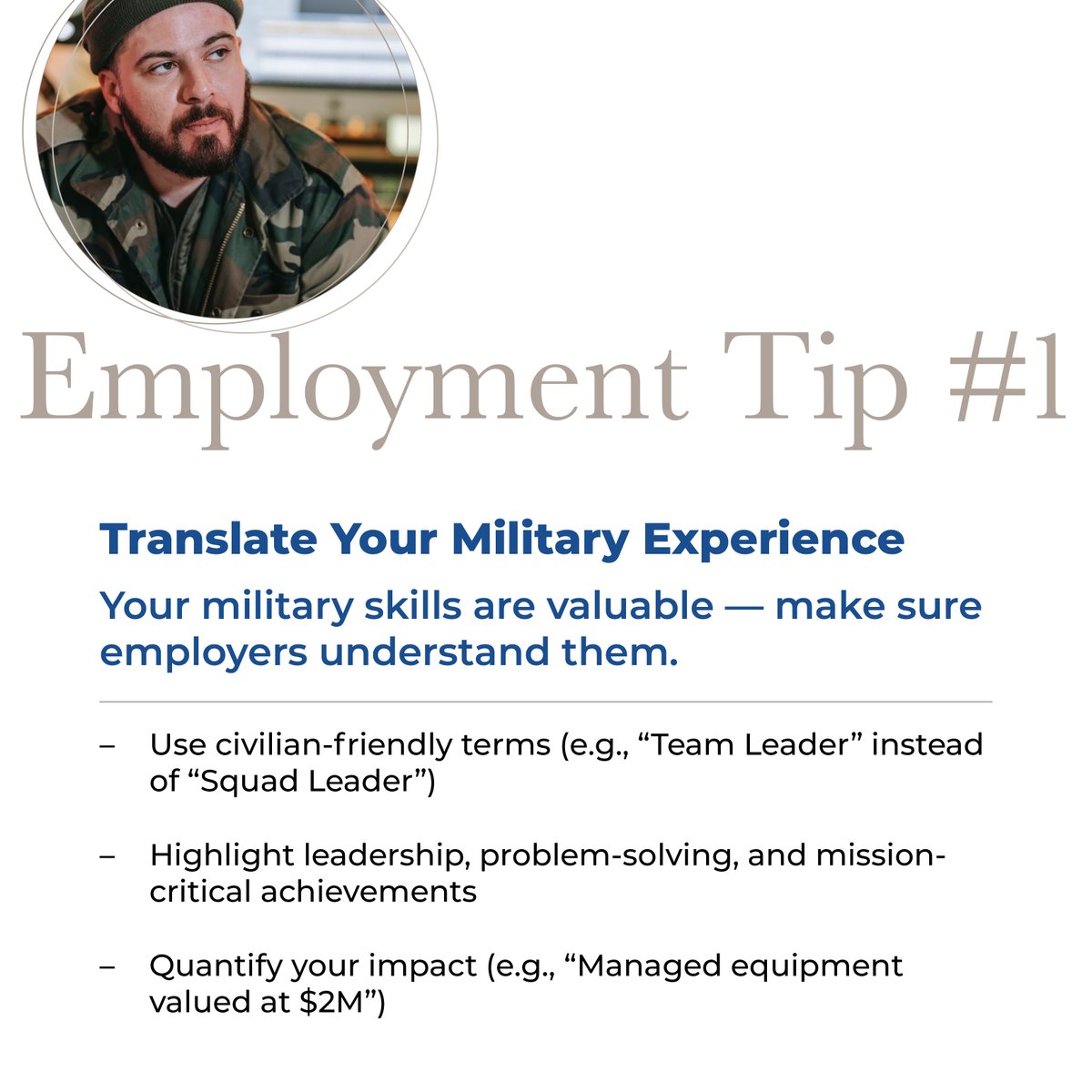 National Hire a Veteran Day is on July 25, so we're giving tips to help Veterans boost their resumes.

Tip #1: Translate Your Military Experience
Your military skills are valuable — make sure employers understand them.

Need more support? IJF is here 👉  illinoisjoiningforces.org