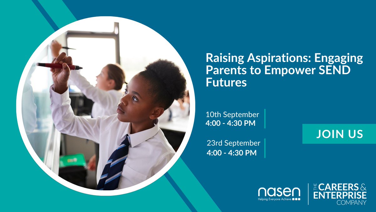nasen (@nasen_org) on Twitter photo Together, we’re raising aspirations and supporting opportunities for every young person with SEND.
Join us this Sept for a free 30-min webinar previewing <a href="/CareerEnt/">The Careers & Enterprise Company</a>'s new CPD course for educators.
🗓️ Wed 10 or Tues 23 Sept | 4PM
Book now: ow.ly/6YaS50Wmra7
#SENDFutures Together, we’re raising aspirations and supporting opportunities for every young person with SEND.
Join us this Sept for a free 30-min webinar previewing <a href="/CareerEnt/">The Careers & Enterprise Company</a>'s new CPD course for educators.
🗓️ Wed 10 or Tues 23 Sept | 4PM
Book now: ow.ly/6YaS50Wmra7
#SENDFutures