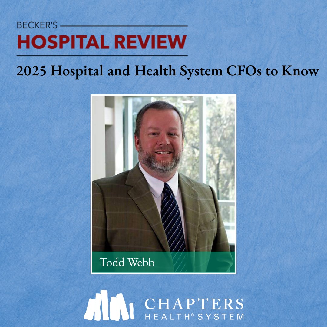 Chapters_Health (@chapters_health) on Twitter photo We’re proud to share that our CFO, Todd Webb, has been named one of <a href="/BeckersHR/">Becker's Hospital Review</a> “Hospital and Health System CFOs to Know” for 2025! His leadership has helped to further our mission of taking care of patients or those who do. Congrats, Todd!
Read more: bit.ly/3IfYkkO We’re proud to share that our CFO, Todd Webb, has been named one of <a href="/BeckersHR/">Becker's Hospital Review</a> “Hospital and Health System CFOs to Know” for 2025! His leadership has helped to further our mission of taking care of patients or those who do. Congrats, Todd!
Read more: bit.ly/3IfYkkO