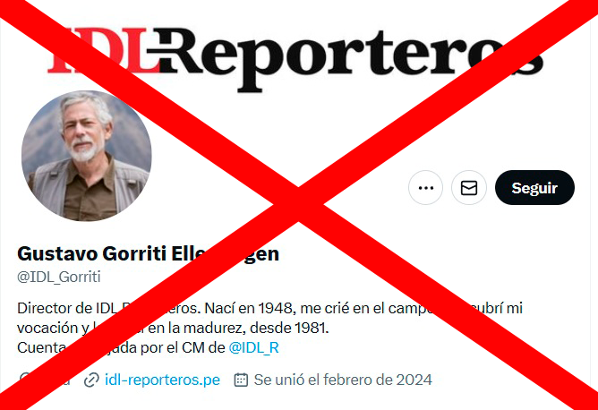 IDL_R's tweet image. #ALERTA A nuestros lectores, al público en general, les pedimos que denuncien esta cuenta falsa para exigir a la compañía “X” que la elimine. Advertimos que Gustavo Gorriti, director de IDL-R no tiene cuenta personal en esta red social.