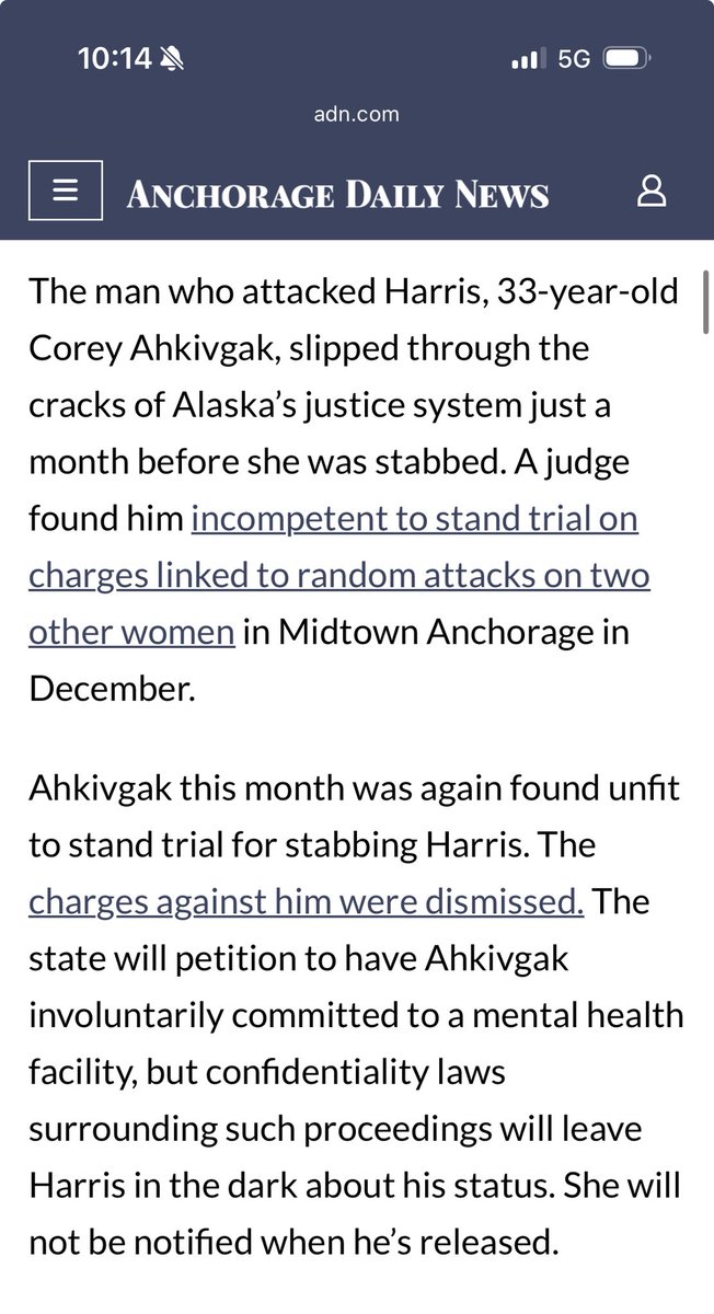alaskalandmine's tweet photo. There’s a court hearing now in Angela Harris’ case against the city. She’s the woman who was stabbed and paralyzed at the Loussac Library in 2022 by a mentally ill man who “slipped through the cracks.” 

The city is moving for summary judgement, say if they are not responsible for what happened. But they did say how sorry they are that she was stabbed and paralyzed. What a joke.